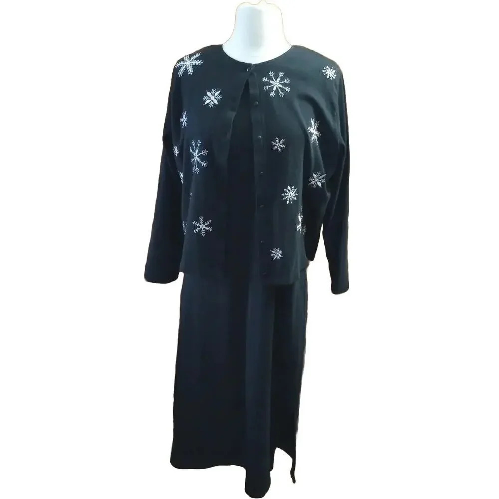Marisa Christina 2-Piece Dress Cardigan Sz XL Vtg Black Embroidered Holiday